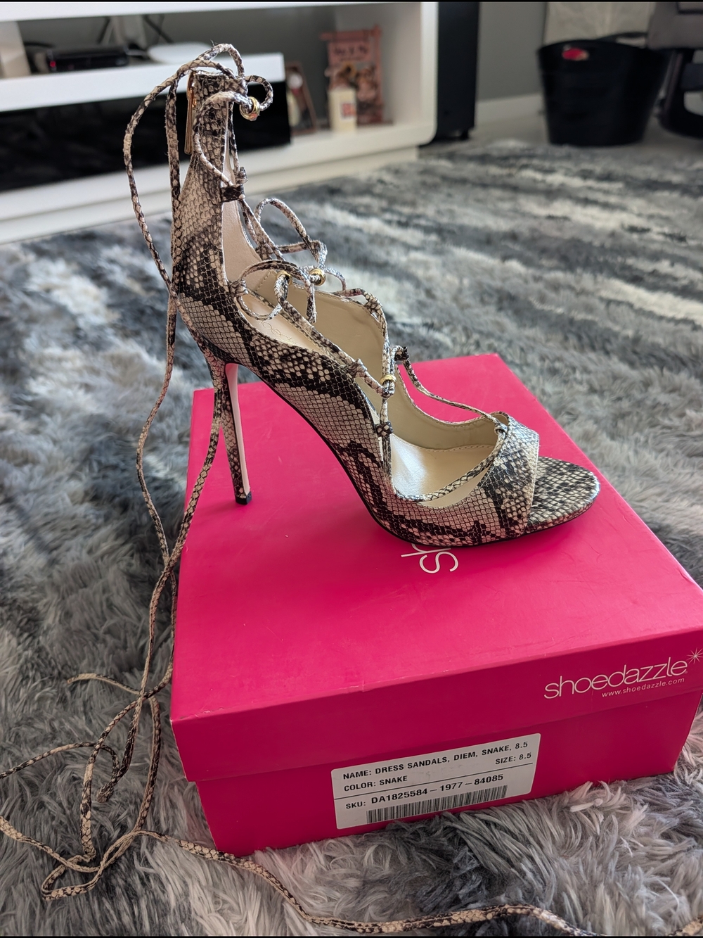 Shoe Dazzle Snake-Print Lace-Up Stiletto Sandals - Beige/Black